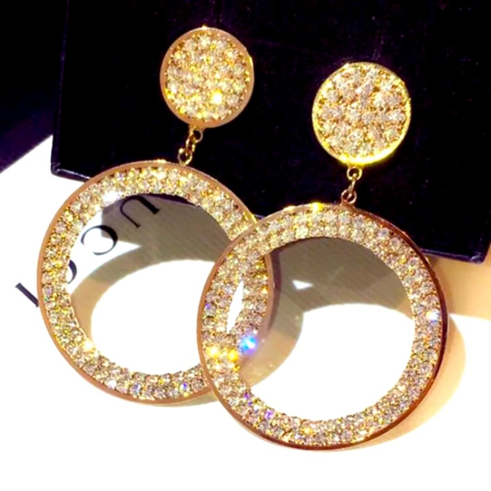 Big Gold Plated Rhinestone Circle Earrings
